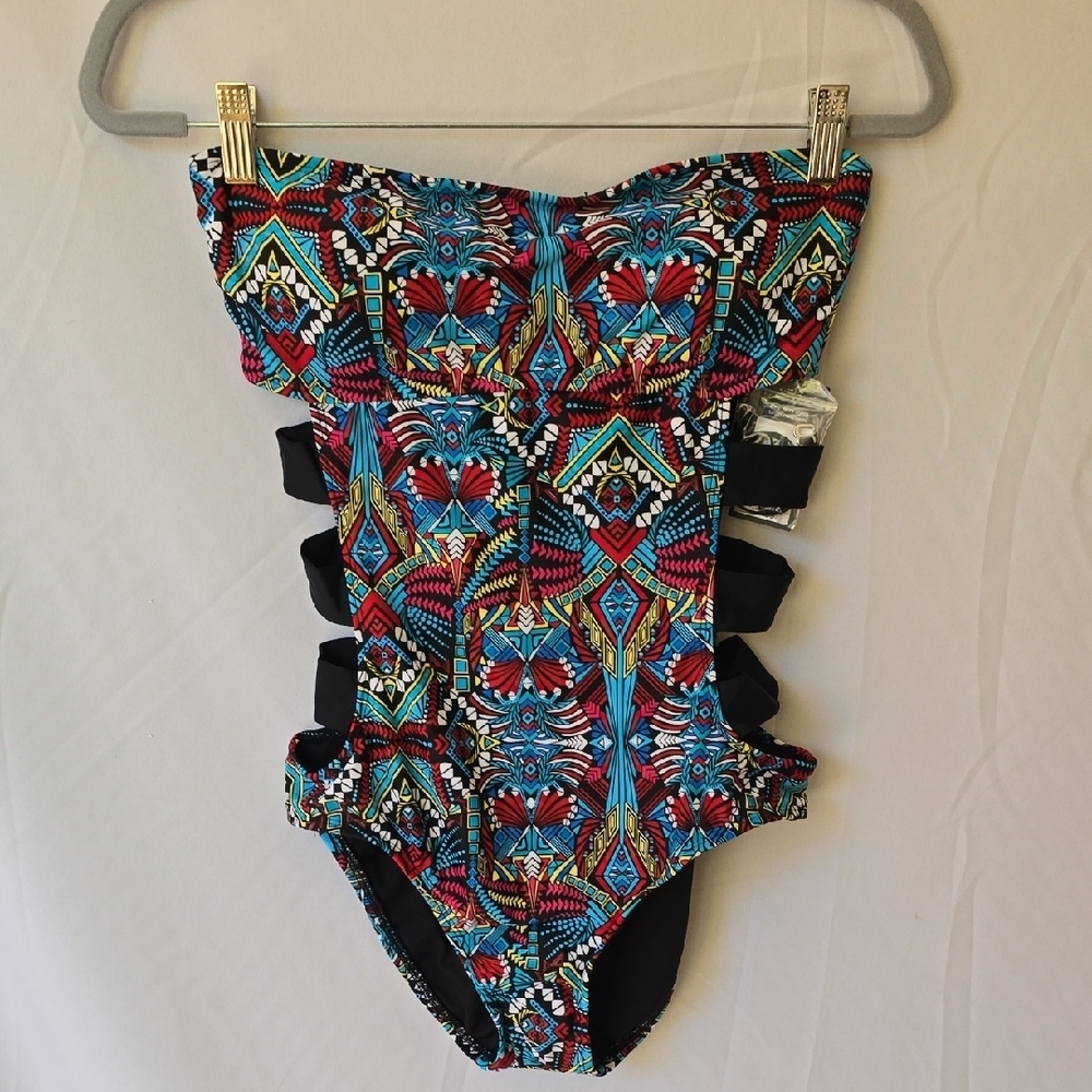 Mossimo women M strapless one piece cutout bathing suit open straps waist‎ Aztec